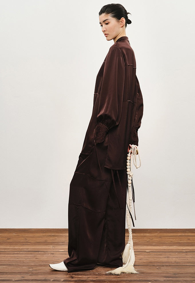 ZHUCHONGYUN Dragon Pattern Embroidery Lace-up Collar Shirt--AKEMI.