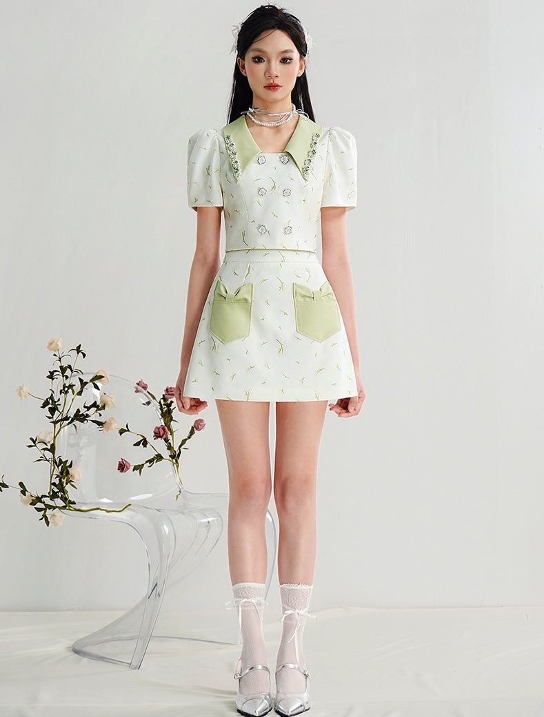 CHECOCRE Cute Bow Pocket Pearl Chain Embroidered  White Suit Set- SETO