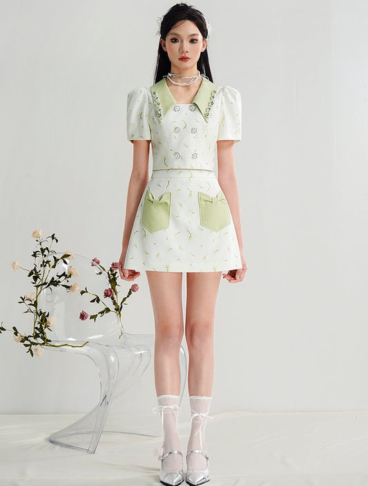 CHECOCRE Cute Bow Pocket Pearl Chain Embroidered  White Suit Set- SETO