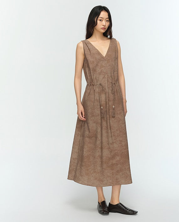 COMME MOI summer sleeveless V-neck drawstring brown dress - FRANK.
