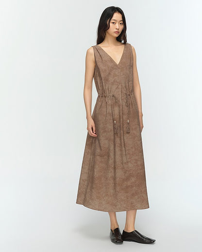 COMME MOI summer sleeveless V-neck drawstring brown dress - FRANK.