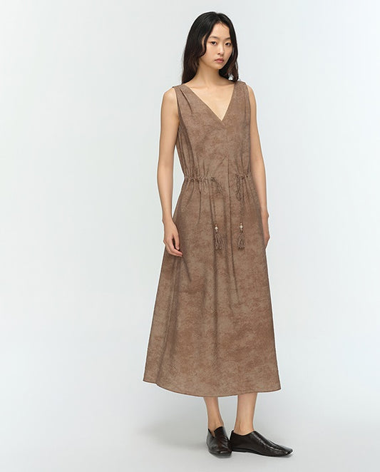 COMME MOI summer sleeveless V-neck drawstring brown dress - FRANK.