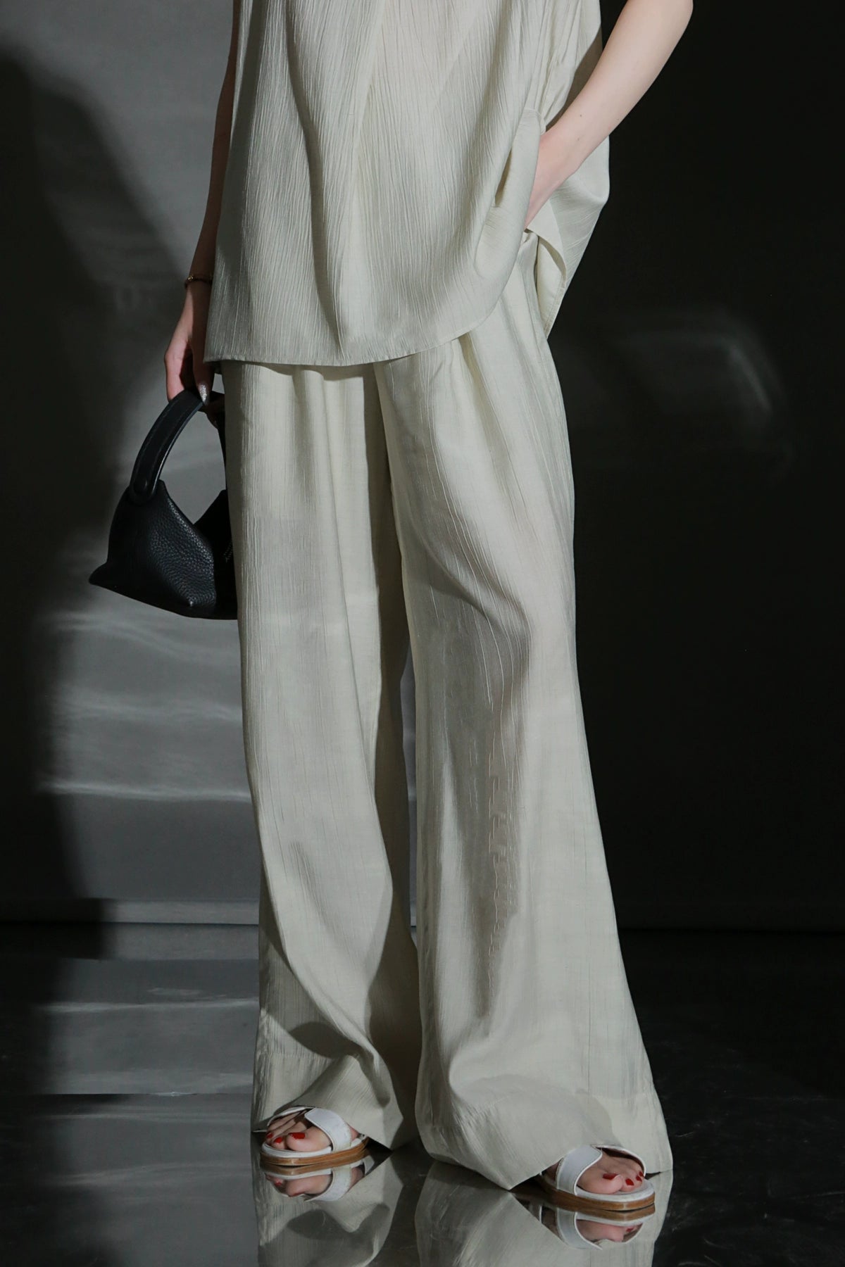 PIAOIN texture linen silk stand up collar sleeveless t-shirt women's straight pants - ARIA