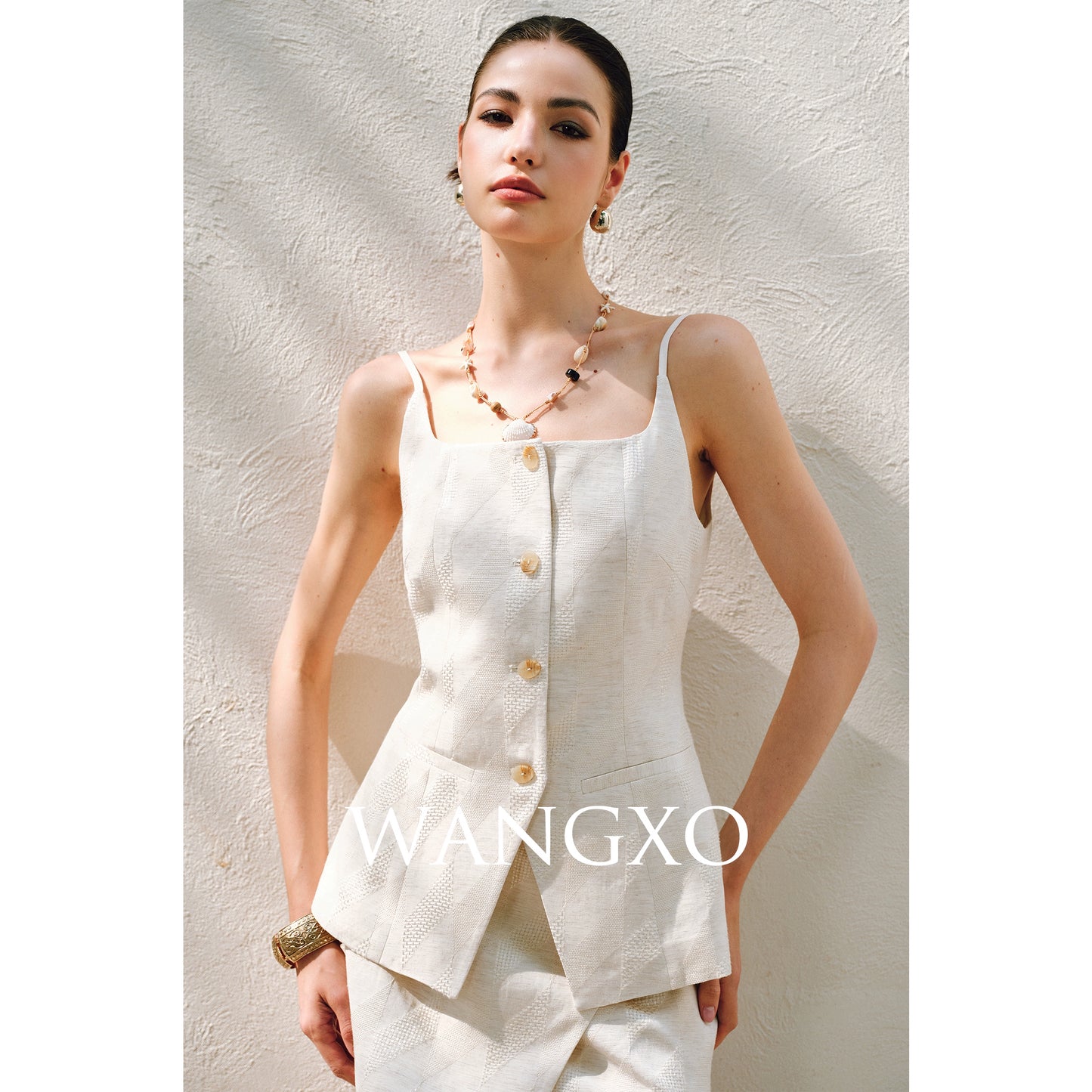 WANGXO | Oxygen-Induced Linen with Rhombic Texture  Waist-Cinched U-Neck Camisole Vest & Tie Skirt Set -NOLA