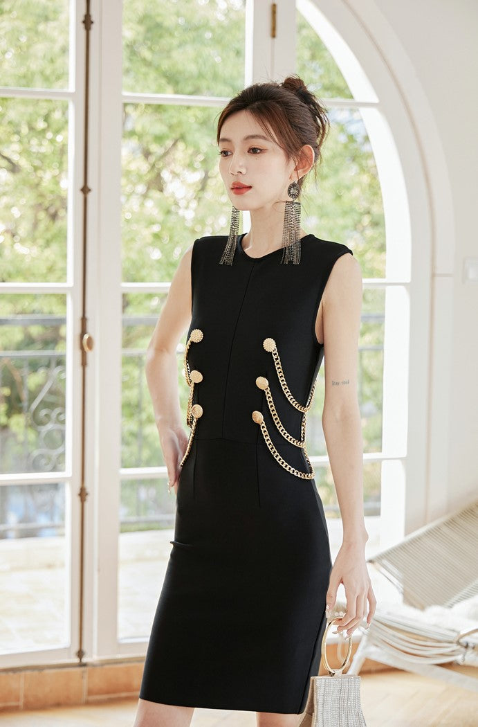 DOLLY Elegant Crew Neck Sleeveless Slim Fit Chain Short Formal Dinner Dress-JOANA