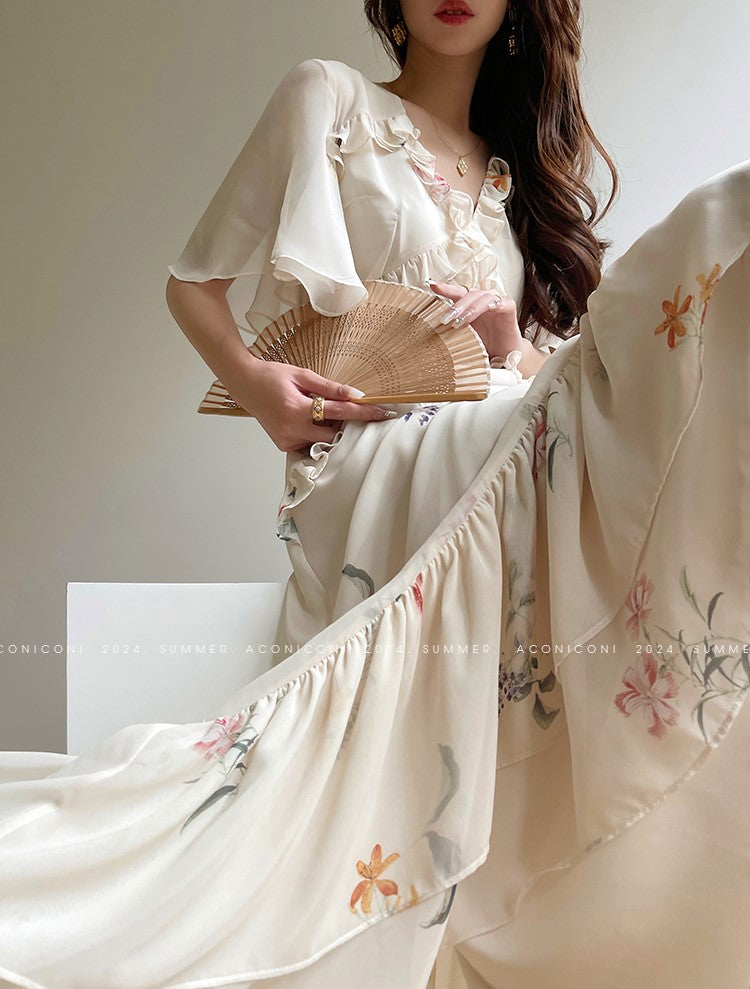 Aconiconi Luxury French Floral Print Slim Fit Hip Hug Dinner Dress- Primrose Whisper