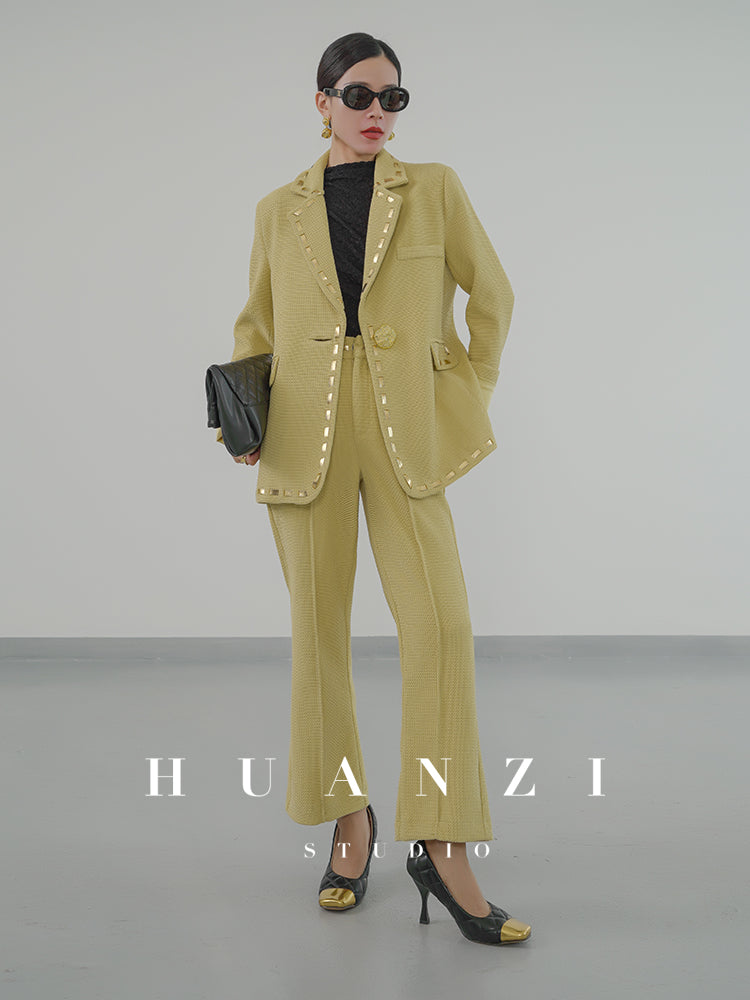 Huanzi autumn mustard yellow winter micro-wide suit jacket trousers suit - Kai