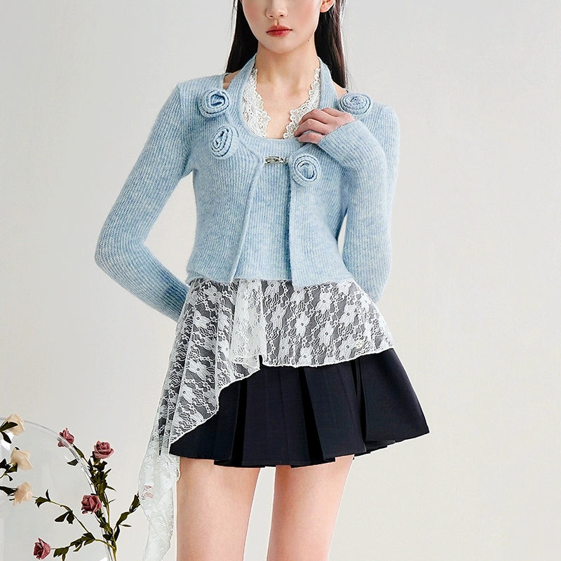 CHECOCRE Cute Three-dimensional Flower Blue Cardigan - ERICA
