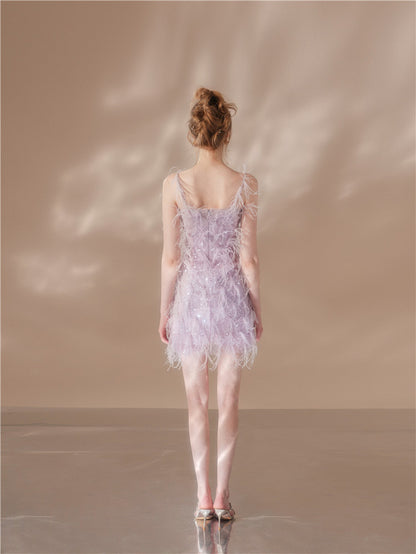 Wardrobes by Chen Elegant Purple Embroidered Beads Feather Dress-Cassie