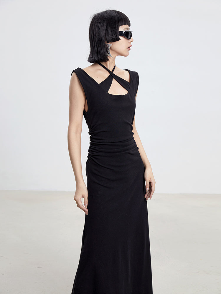 TINY IN cross-neck pleated knit maxi black dress-AYA
