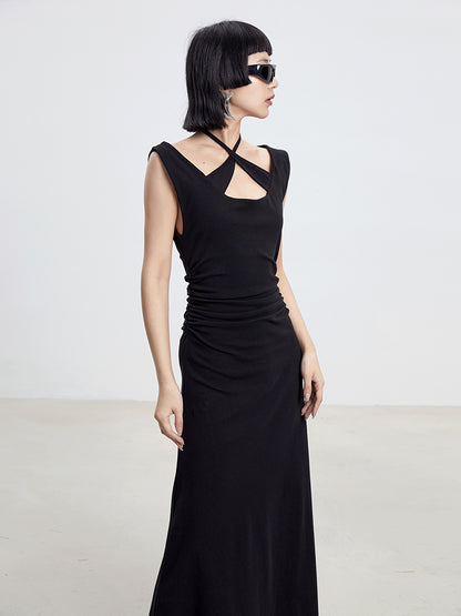 TINY IN cross-neck pleated knit maxi black dress-AYA