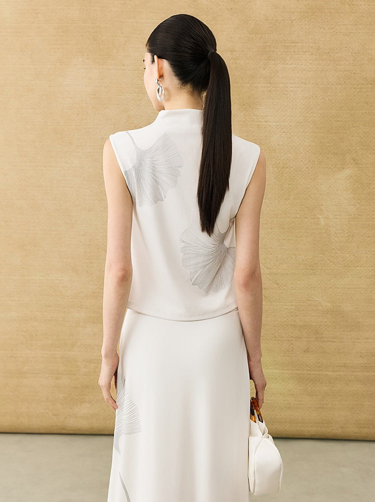 HECO Chinese Style Elegant Swing Neck Sleeveless Ginkgo Biloba Print T-Shirt - BOBA.