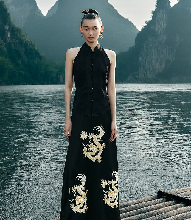 HECO Chinese Embroidery Golden Dragon Acetate Skirt - ALPHA.