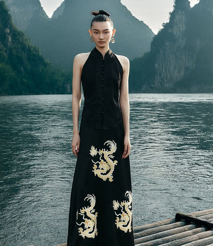 HECO Chinese Embroidery Golden Dragon Acetate Skirt - ALPHA.