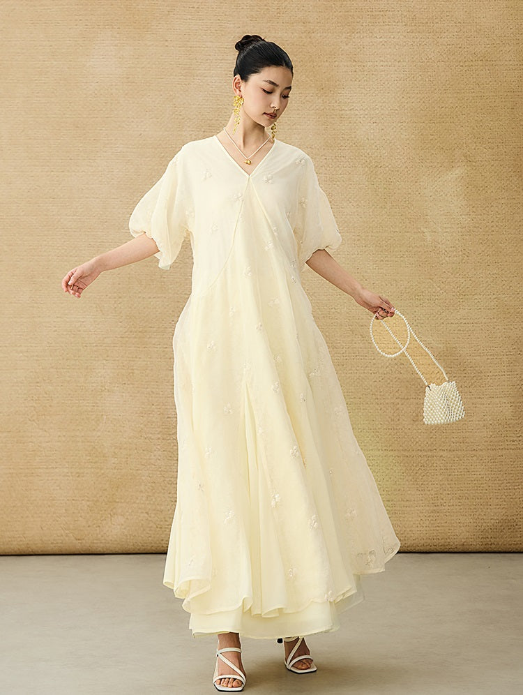 HECO  New Chinese Embroidered V-Neck Puff Sleeve Dress - CORAINE.