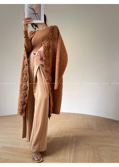 Aconiconi Luxury Loose V-Neck Long Sleeve Crochet Sweater - Camellia in the Fields