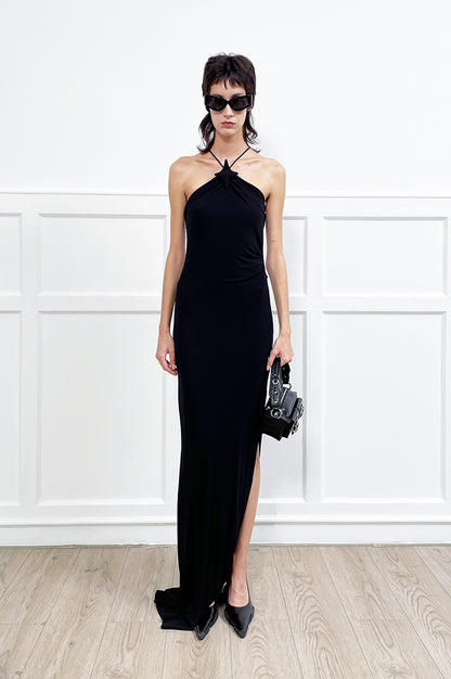 ANNAKIKI suspender fishtail slit dress halterneck dress-REI