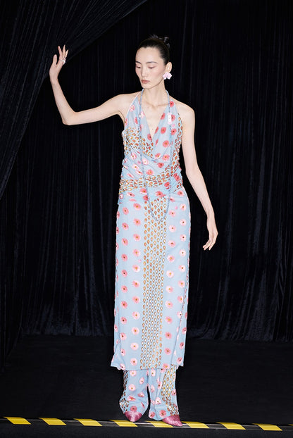 M essential Ma Kai designer Qu Kun burnt flower velvet nail beads open back dress - ALPHA.