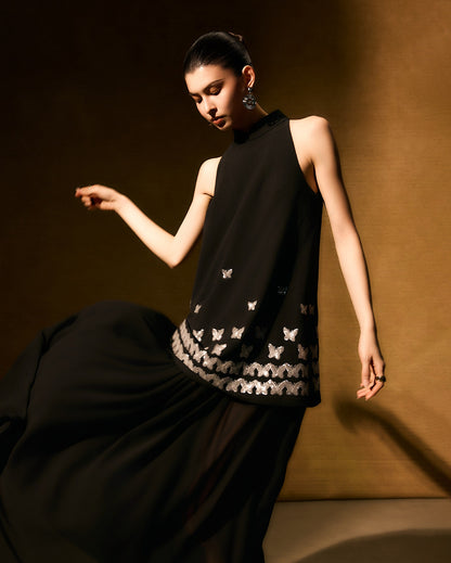 HECO Chinese butterfly sequin fake two-piece dress - CROWN.