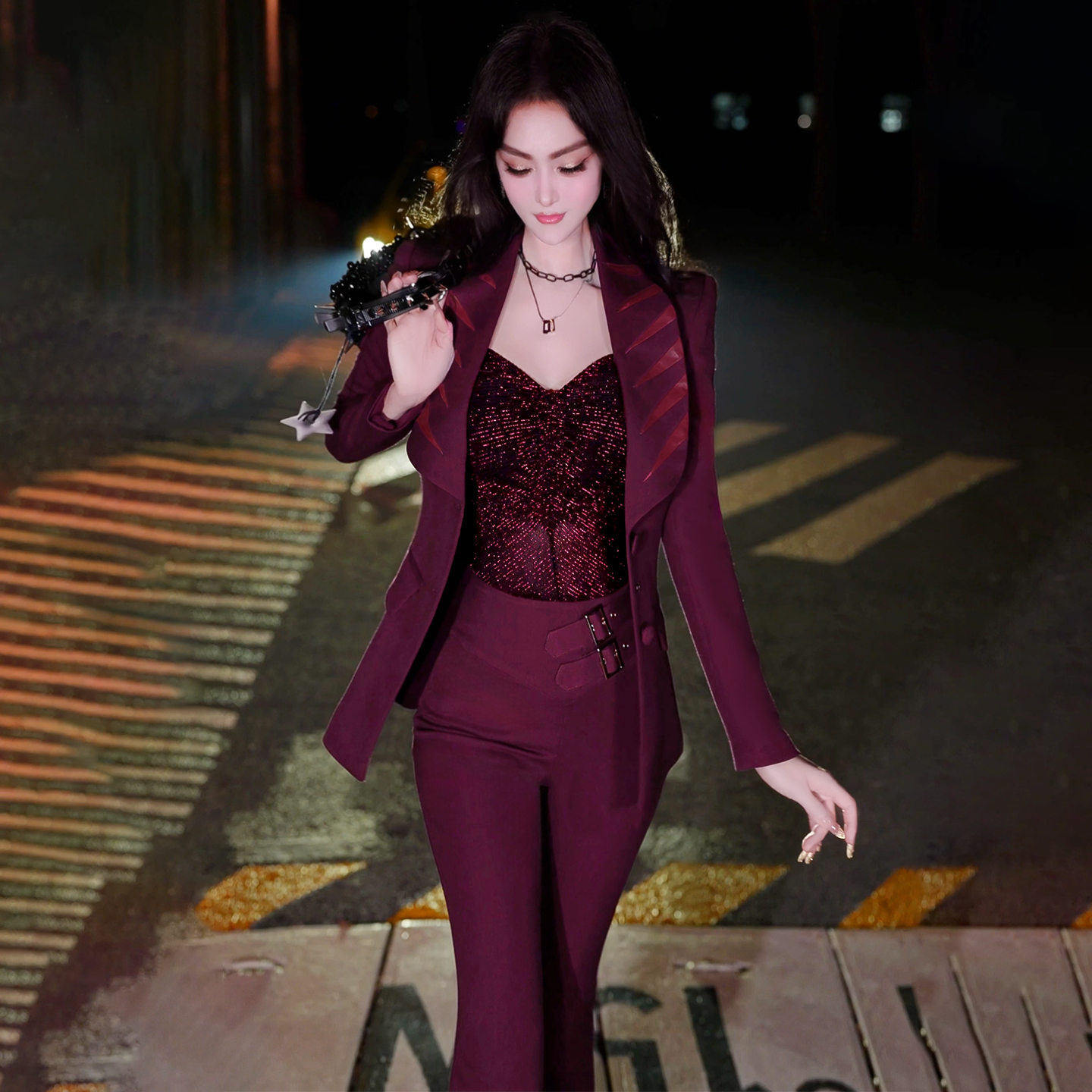 VJE  Burgundy Spliced Small Pants Two-Piece Set  Suit-HANS.