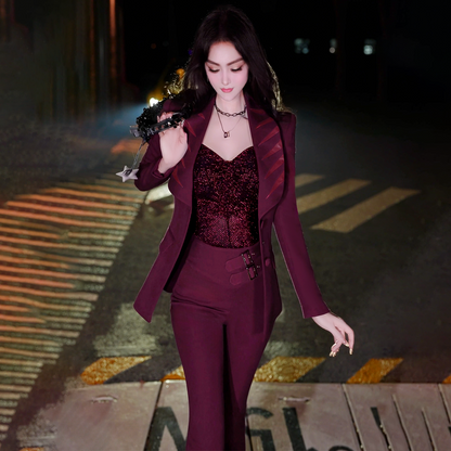 VJE  Burgundy Spliced Small Pants Two-Piece Set  Suit-HANS.
