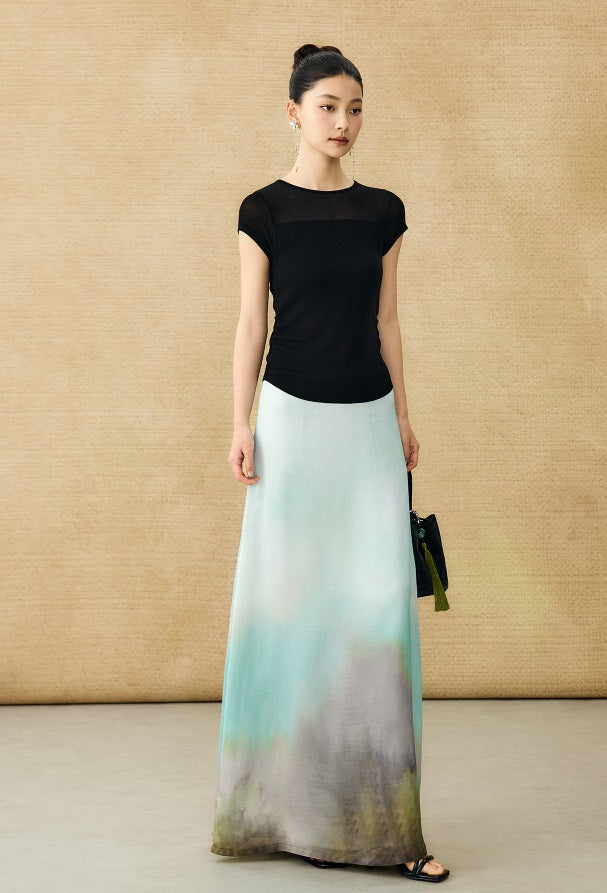 HECO Chinese style slightly transparent round neck knitted short sleeve T-shirt -BING.