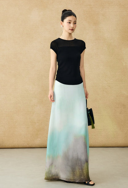 HECO Chinese style slightly transparent round neck knitted short sleeve T-shirt -BING.