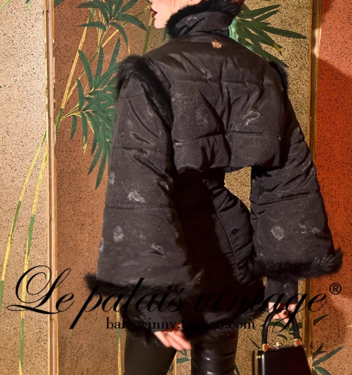 Le Palais Vintage Luxury Retro Black Cotton Short Fur Jacket + High Waist Skirt-Carla