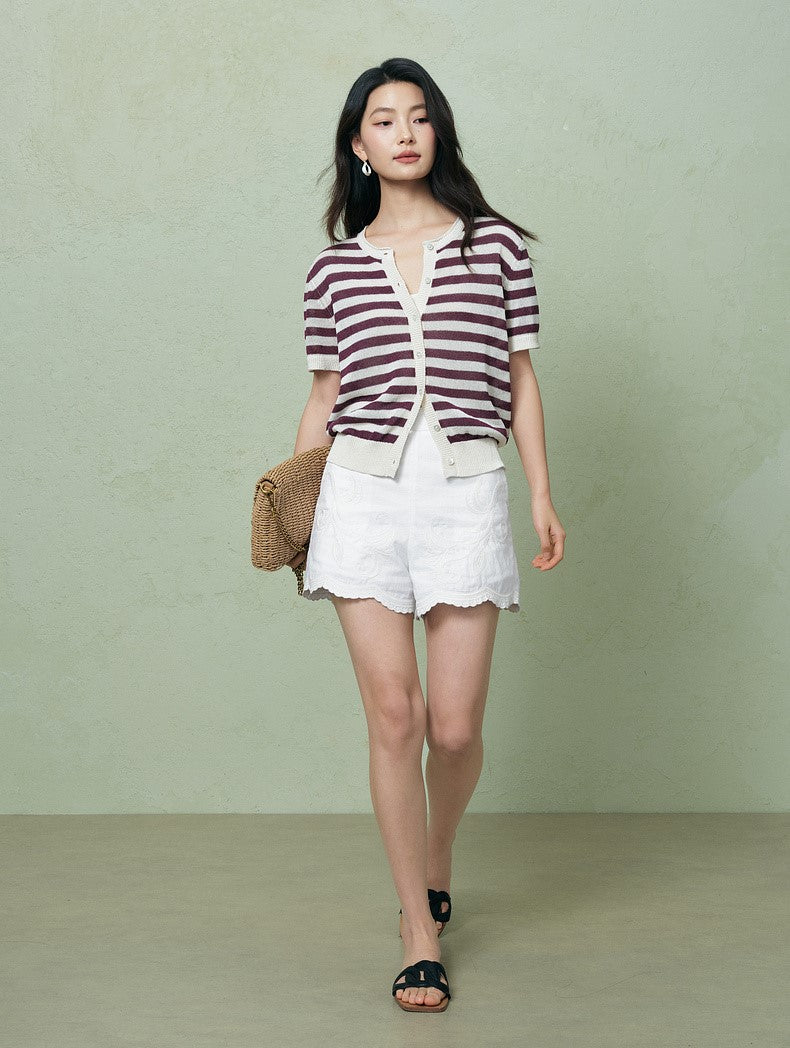 SUSHE light hollow texture striped short-sleeved knit sweater new stretch loose top -BESS