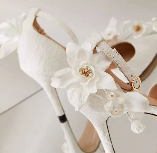 B-FEI white flower wedding ankle strap high heel shoes-MIJI.