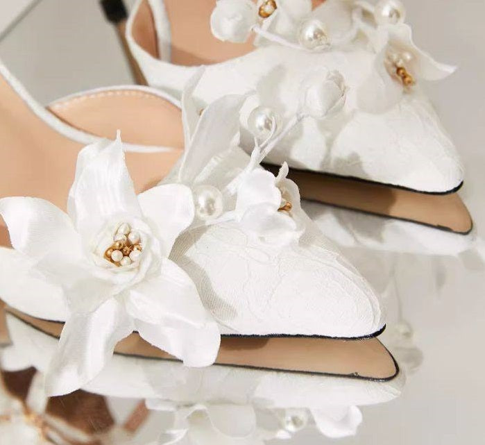 B-FEI white flower wedding ankle strap high heel shoes-MIJI.