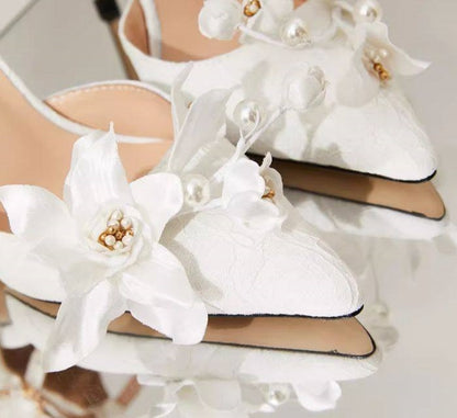 B-FEI white flower wedding ankle strap high heel shoes-MIJI.