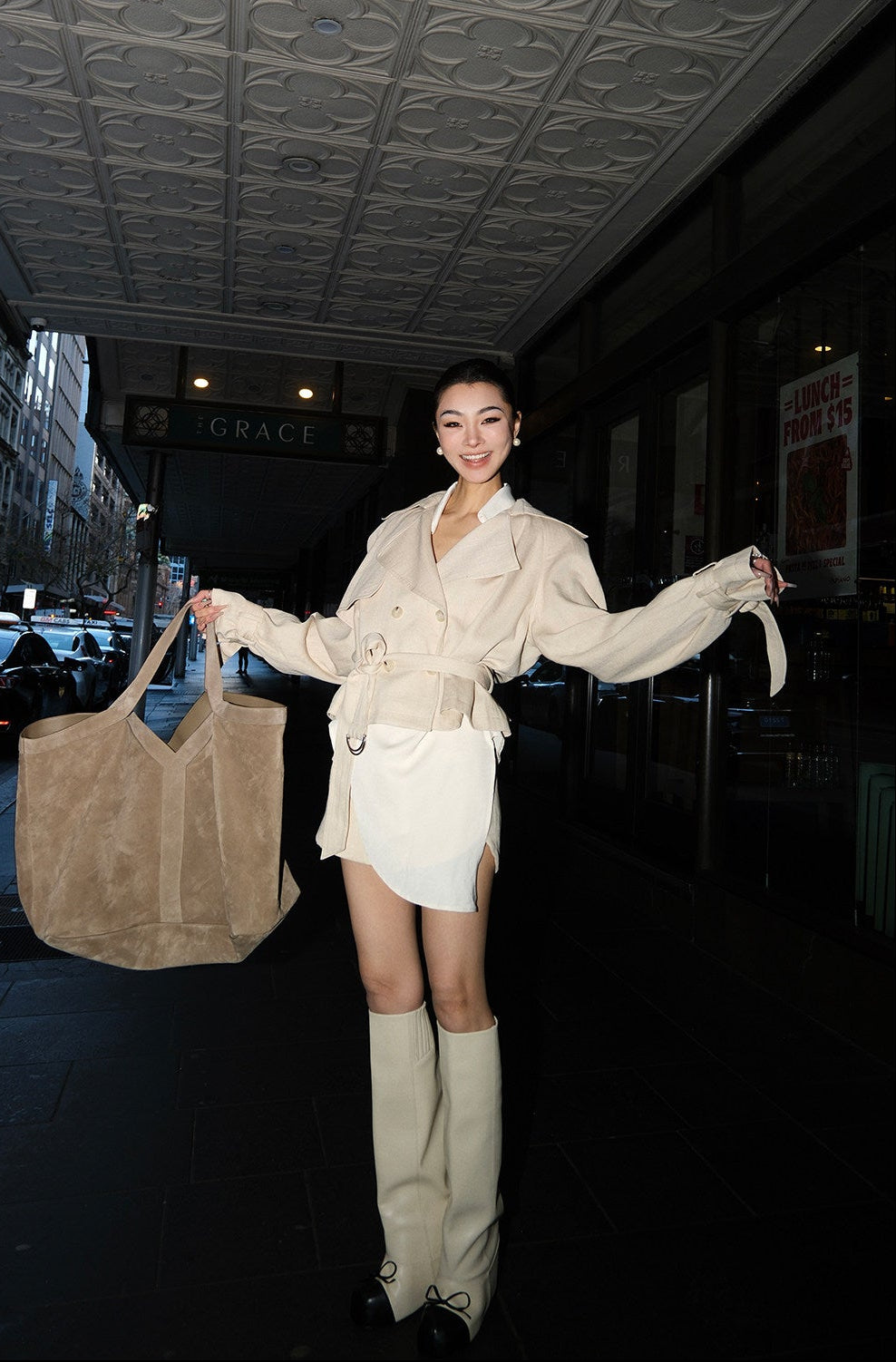 MEI SANGUAN Beige Double-Breasted Short Trench Suit Set - AMANDA
