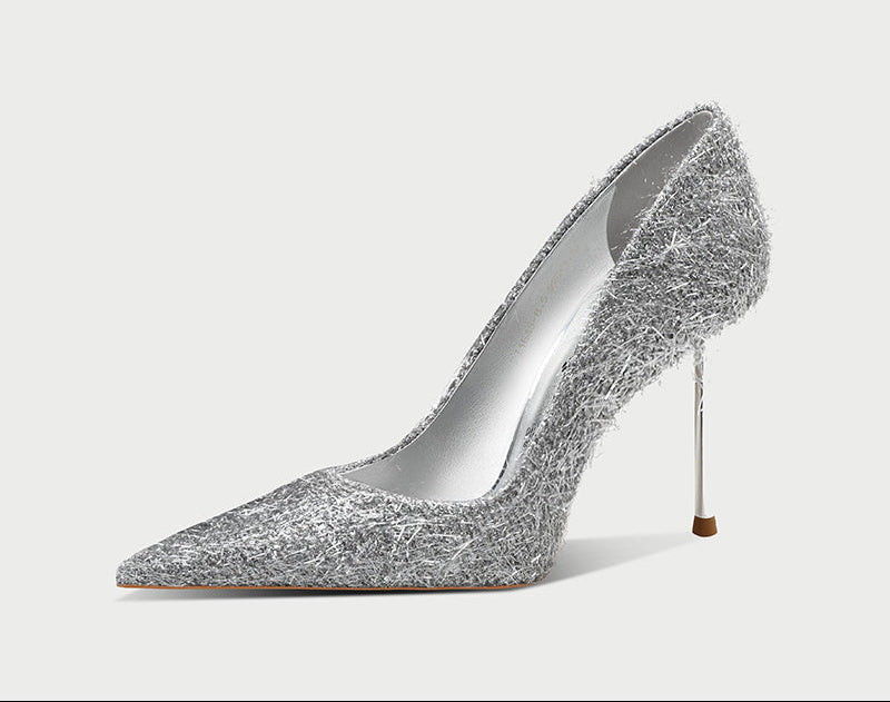 Pjjuu silver gray shaggy Pointed Toe Stiletto Heels- ASKING