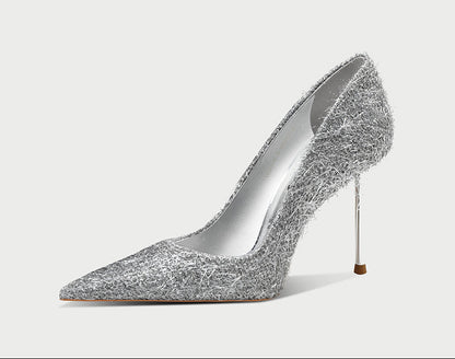 Pjjuu silver gray shaggy Pointed Toe Stiletto Heels- ASKING