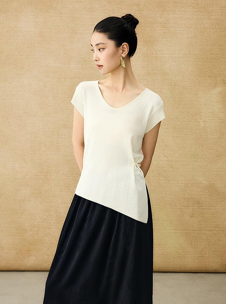 HECO Chinese Versatile Beveled Side Buckle V-Neck Knit Top - BREA.