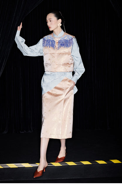 M essential Mackay designer seawater river cliff tassel beaded vest shirt skirt set- six.