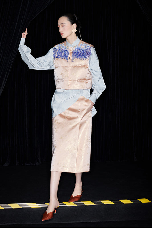 M essential Mackay designer seawater river cliff tassel beaded vest shirt skirt set- six.