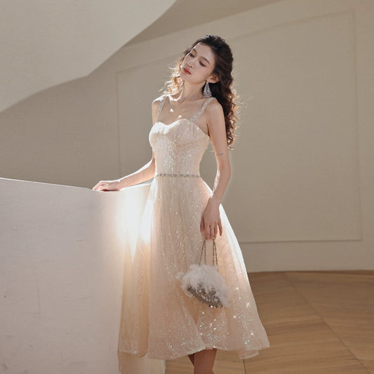 DOLLY Elegant Sleeveless Sequin High Waist A-Line Dinner Date Dress-BISI  (V)