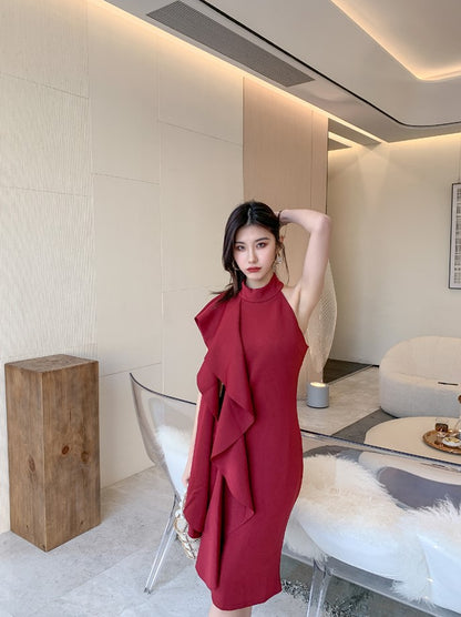 DOLLY Elegant Stand Collar Sleeveless Ruffle Midi Business Dinner Dress-RAINA