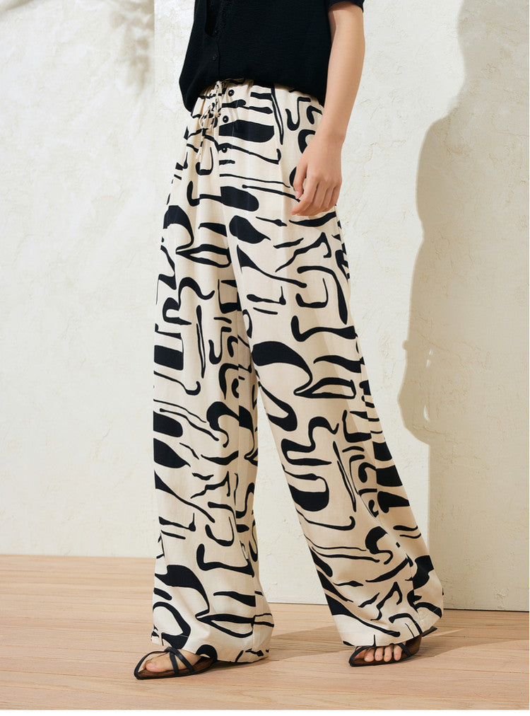 Sushe Neo-Bohemian Tencel linen print drawstring tie wide-leg slacks -JULIET