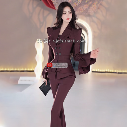 VJE  slim ruffled flared pants two-piece suit set - KINK.