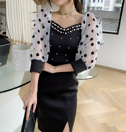 DOLLY Luxury Black Retro Style V-Neck Polka Dot Long Sleeve Slim Fit Dress-DEL
