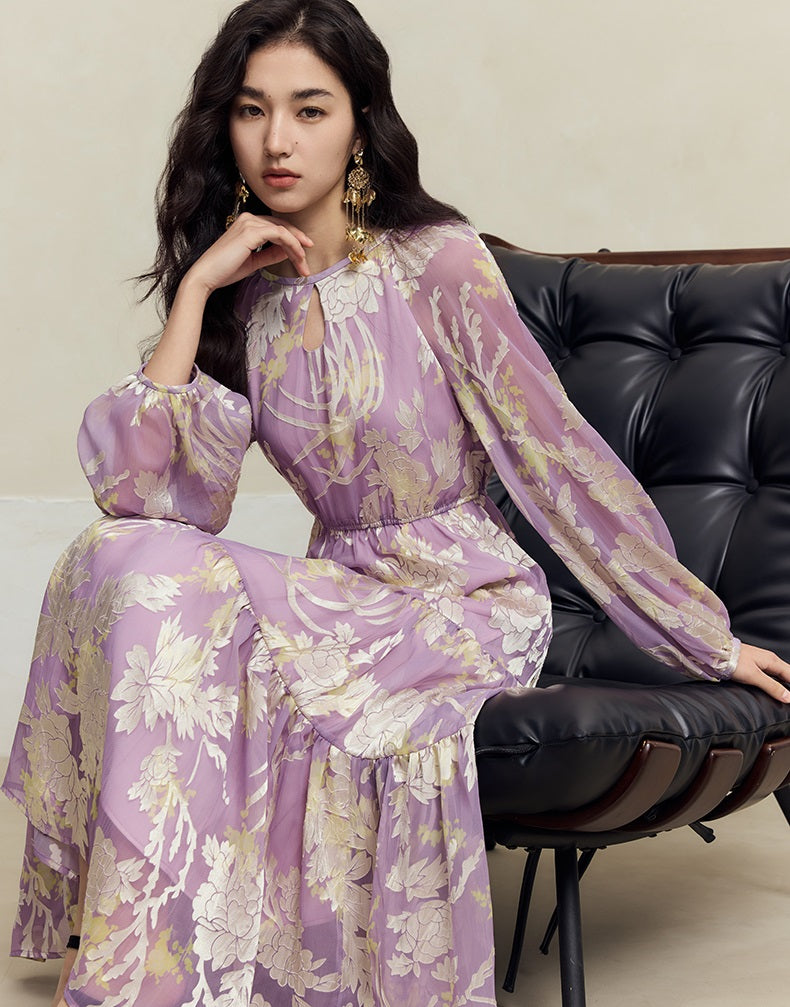HECO silk peony burnt flower pendulum long-sleeved dress women - healer.