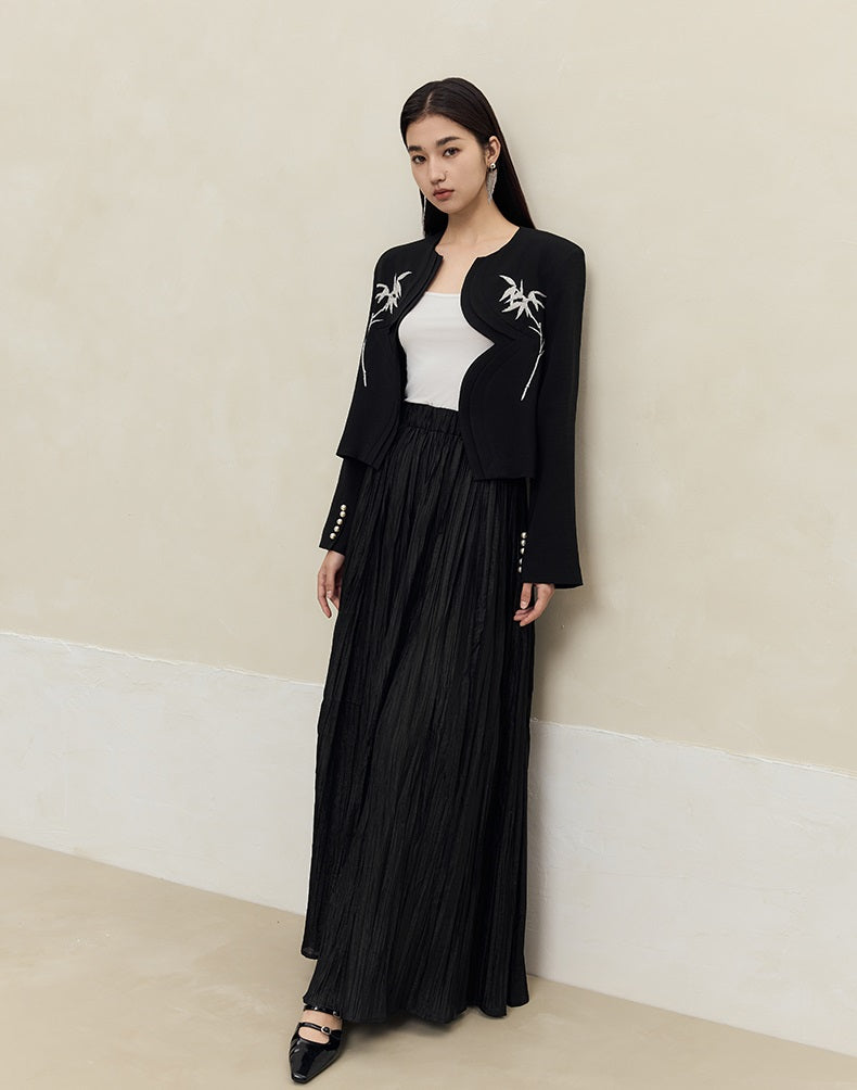 HECO striped texture swing high waist black green women's long skirt - muse.