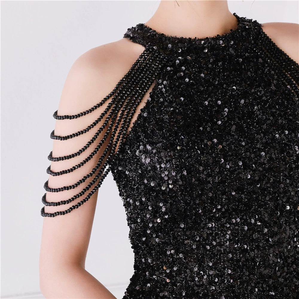 DOLLY Luxury Gold Sleeveless Stand Collar Sequin Beaded Tassel Evening Dress-LILY