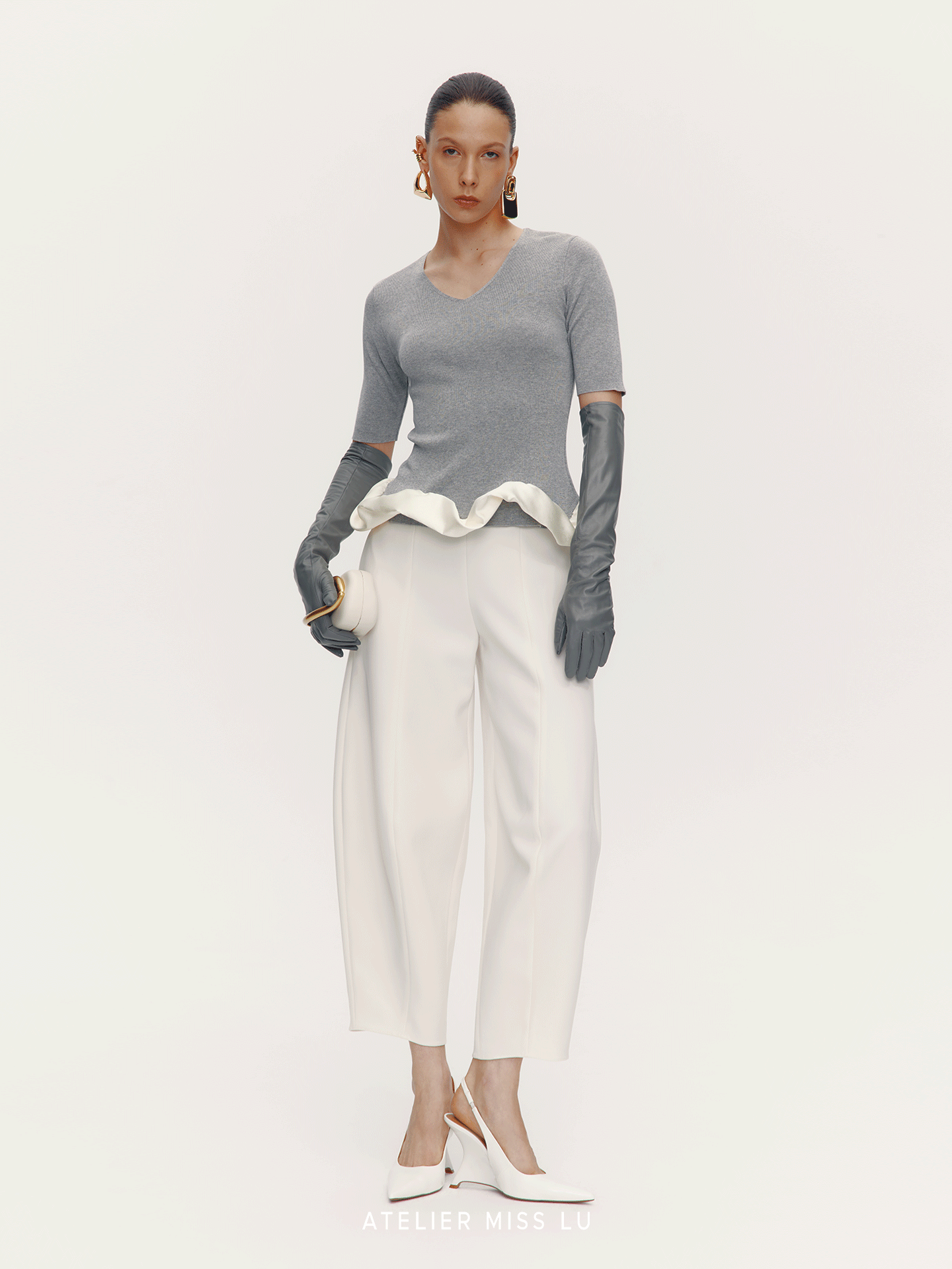 ATELIER MISS LU [Rotating Ballet] Hem Cloud Wrap Paneled V-Neck Knit Top - ZAIN.