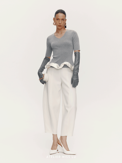 ATELIER MISS LU [Rotating Ballet] Hem Cloud Wrap Paneled V-Neck Knit Top - ZAIN.
