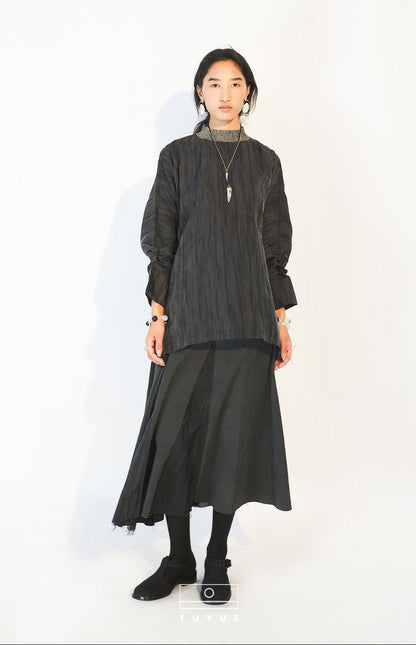 TUYUE Black Textured Multi-Cut A-Line Midi Skirt - NIMWE.
