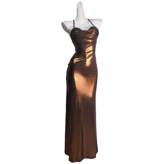 DOLLY Luxury Brown Sleeveless Glossy Slim Fitted Long Cocktail Dress-ROSHI